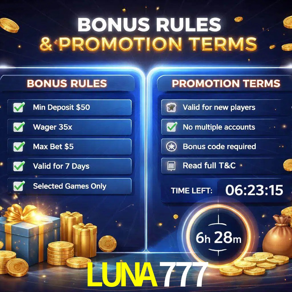 Reglas de promoción LUNA777 y condiciones de bonos explicadas visualmente