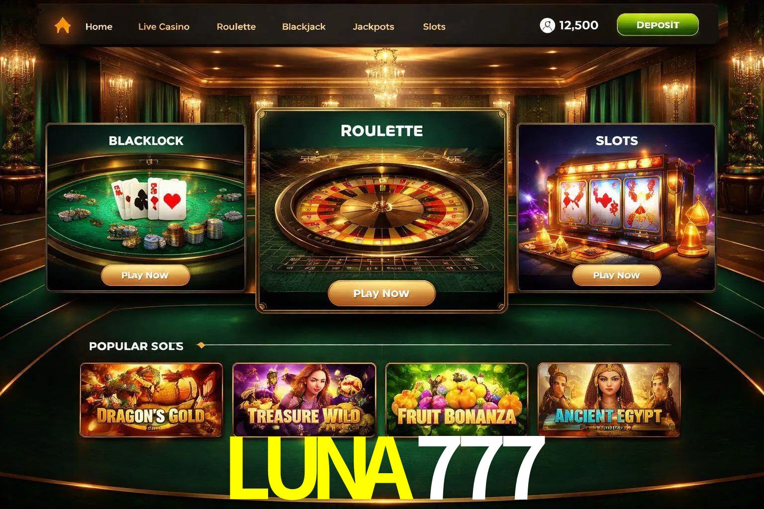 Vista de la plataforma LUNA777 Casino mostrando categorías organizadas de juegos en línea